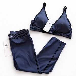 Alo Yoga NWT Airbrush Heart Throb Leggings + Sports Bra Set Blue Size Large
